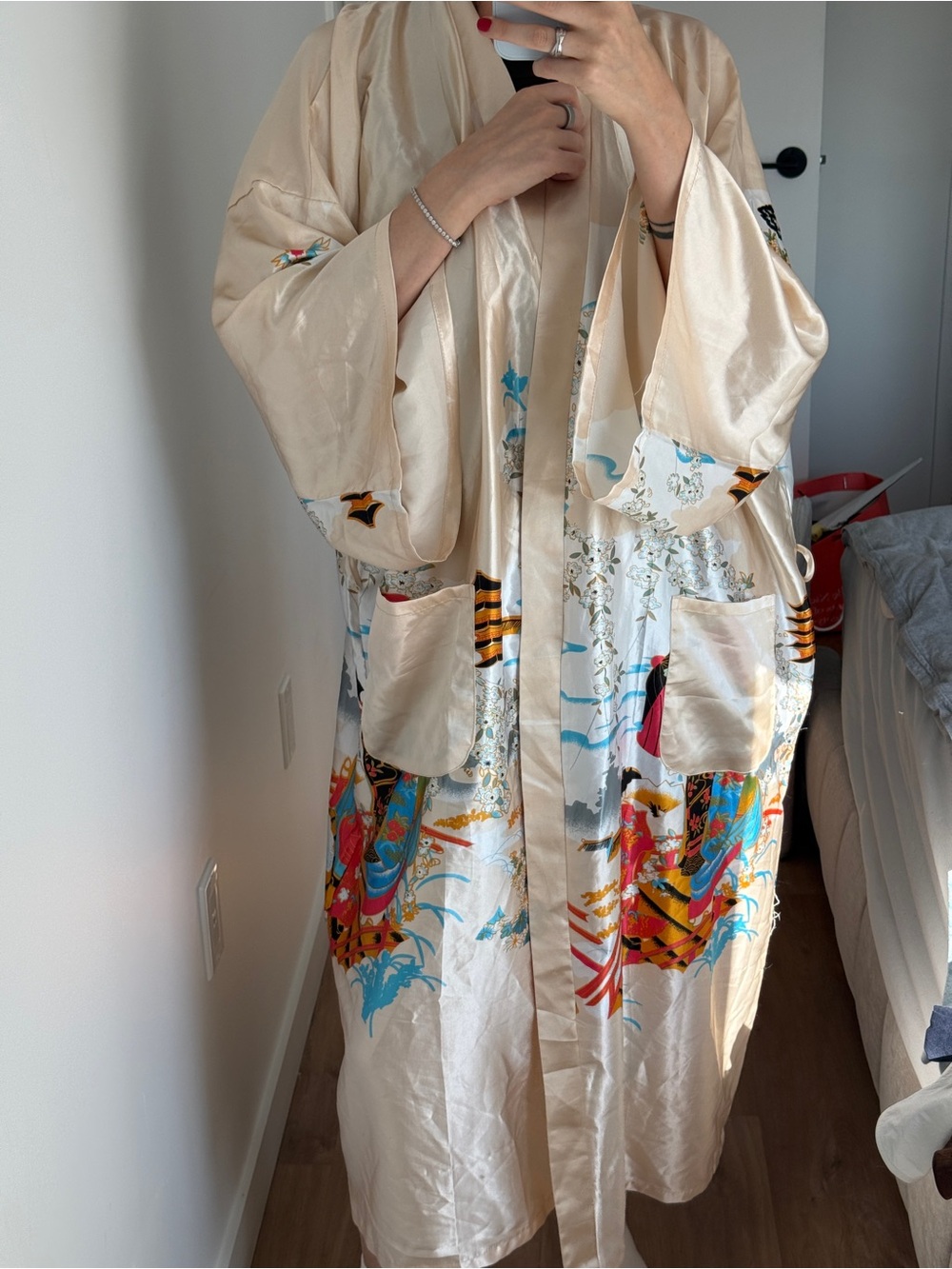 Silk-Feel Cream Floral Kimono Cover-Up
